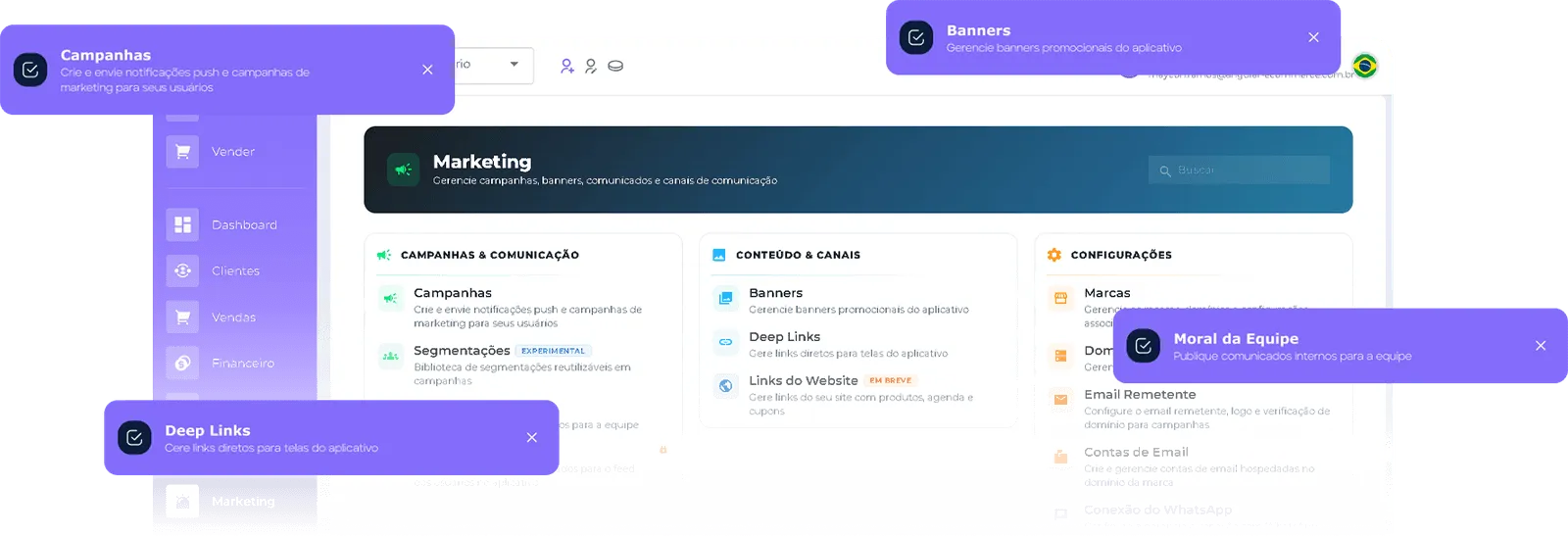 Módulo de marketing da plataforma: campanhas e comunicação, banners, deep links e canais.