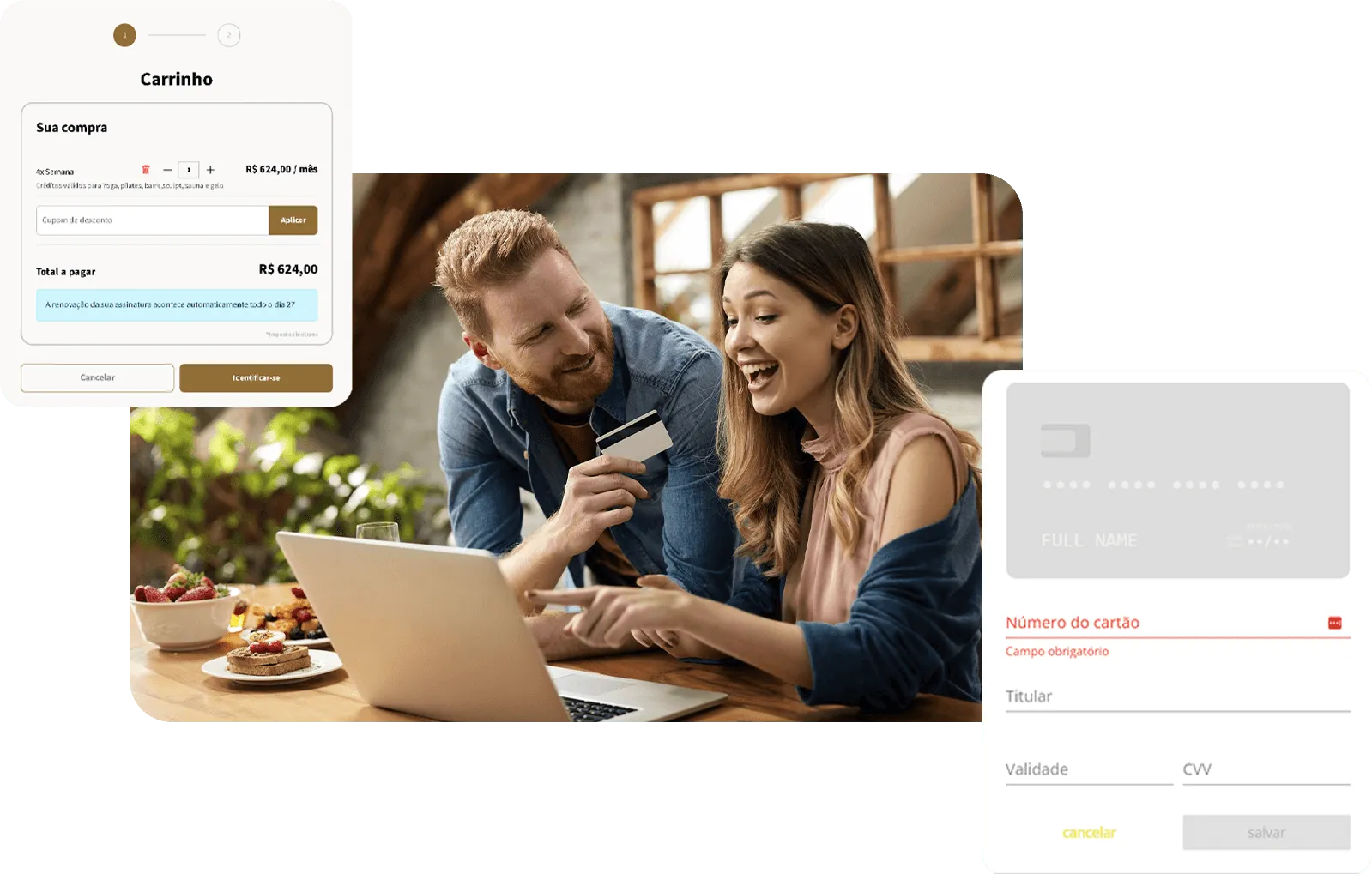Carrinho do e-commerce de um estúdio com plano recorrente e cupom, ao lado do formulário de cartão.