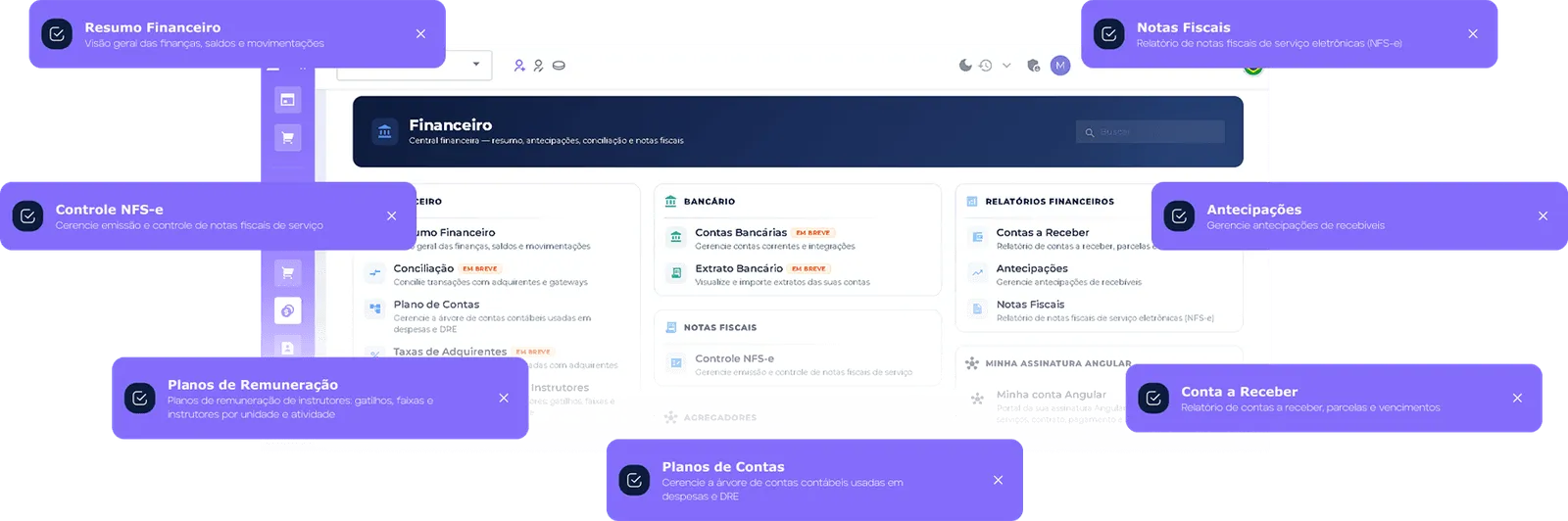 Módulo financeiro da plataforma: resumo, conciliação, contas bancárias, notas fiscais, antecipações e plano de contas.