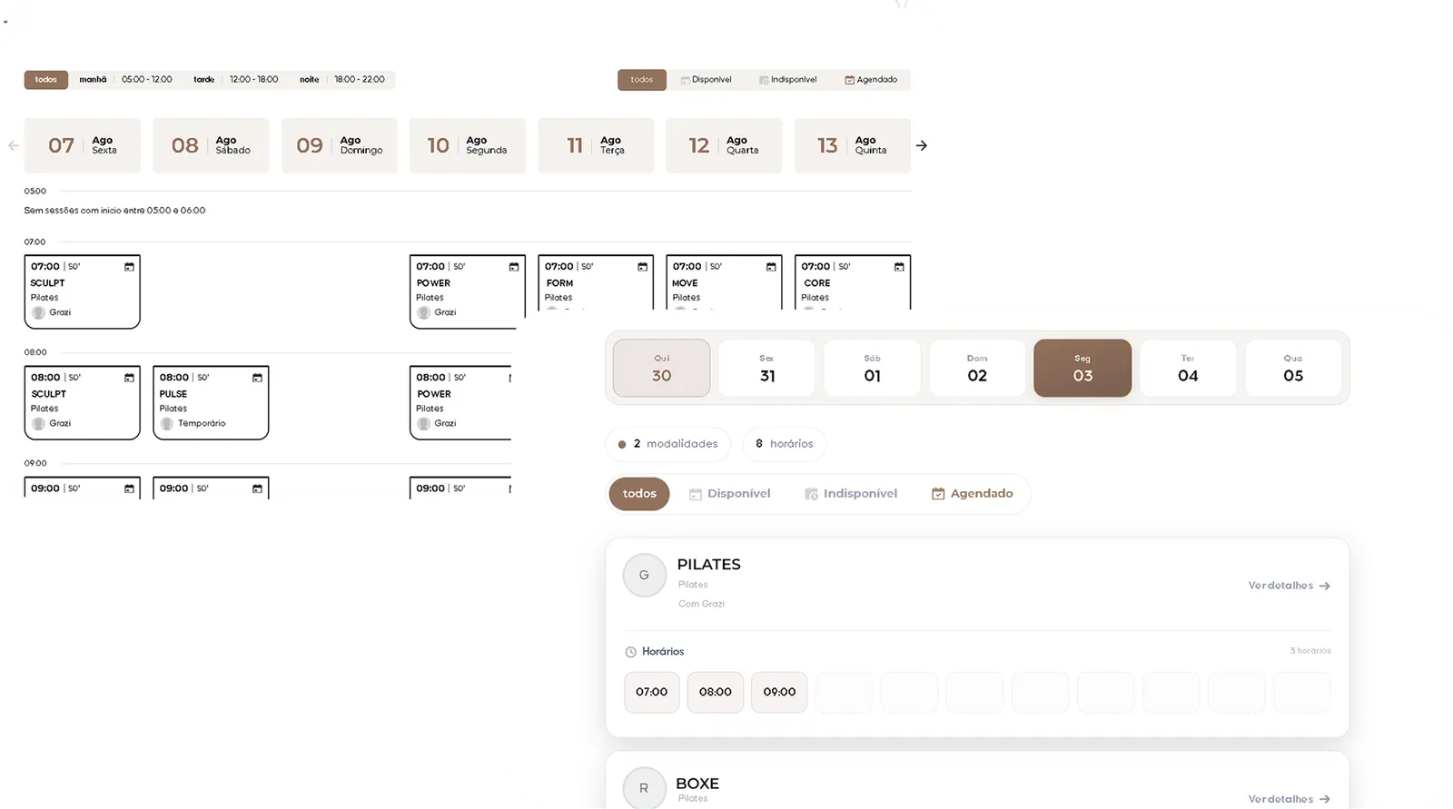 Site de reservas de um estúdio: calendário de sessões por dia, filtros de disponibilidade e modalidades com horários.